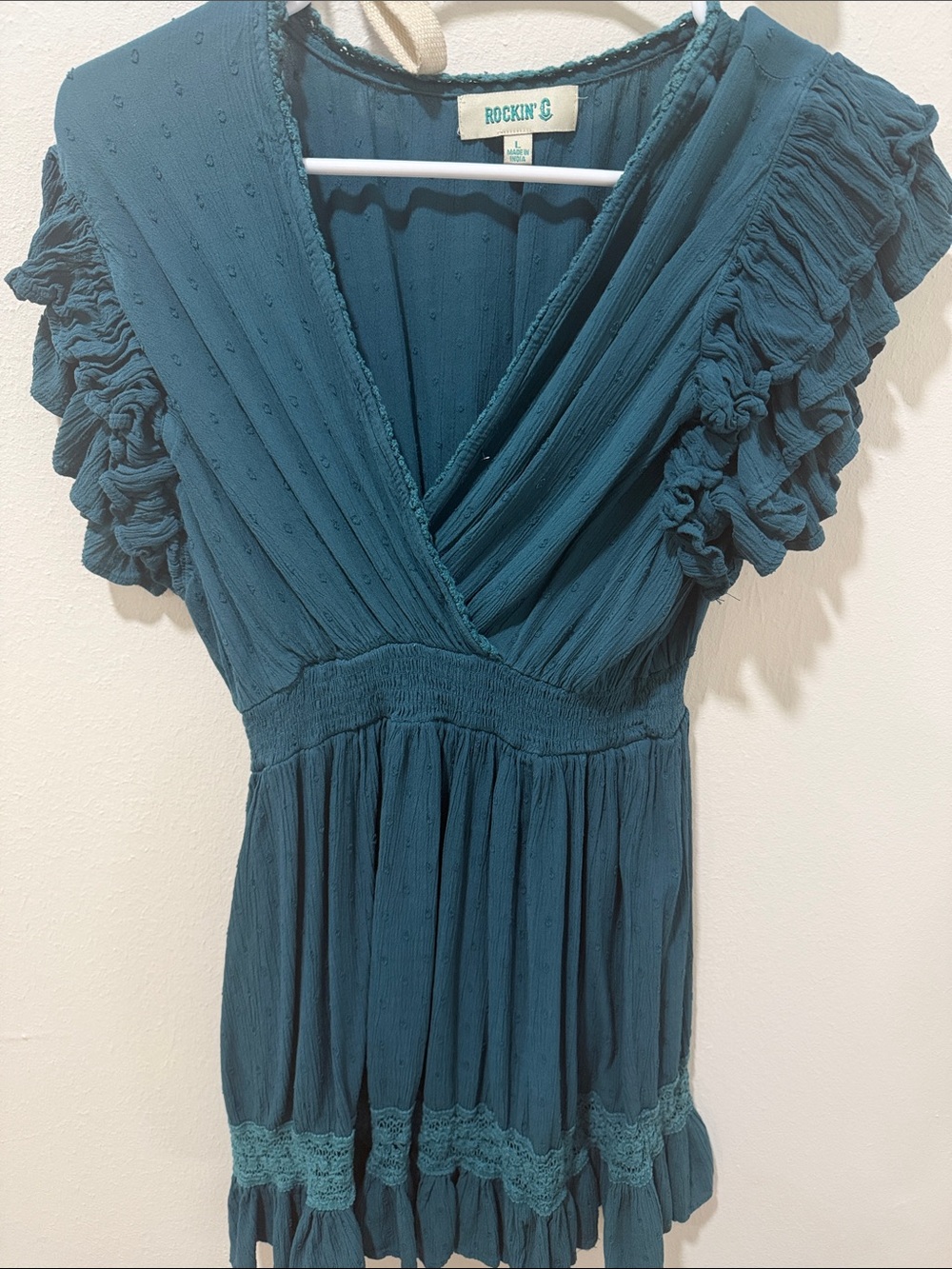 Rocking’ C Teal Ruffle Sleeve V-Neck Women's Top